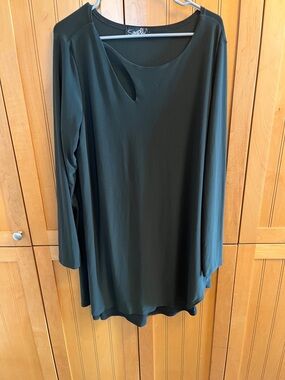 Sympli Dark Green/ Grey Long-Sleeve Tunic Dress with Asymmetric Neck Cutout